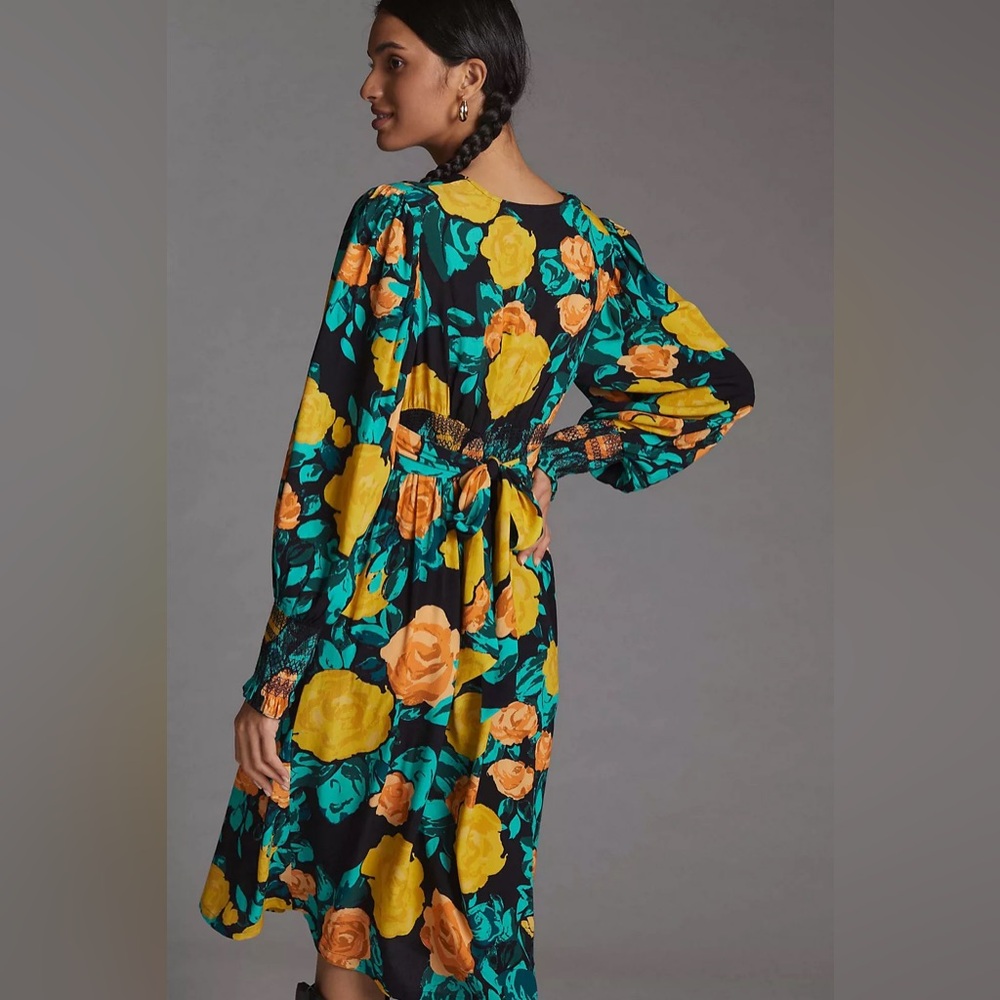Anthropologie Floral Tie Back Midi Dress Green Long Sleeve V-Neck - Picture 8 of 9